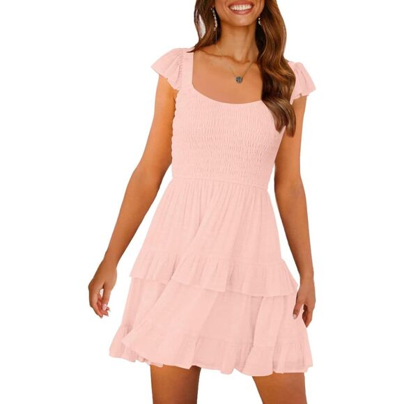Ruffle Pink Boho Smocked Babydoll Mini Dress Flowy Beach Sundress Sz M - Picture 1 of 8